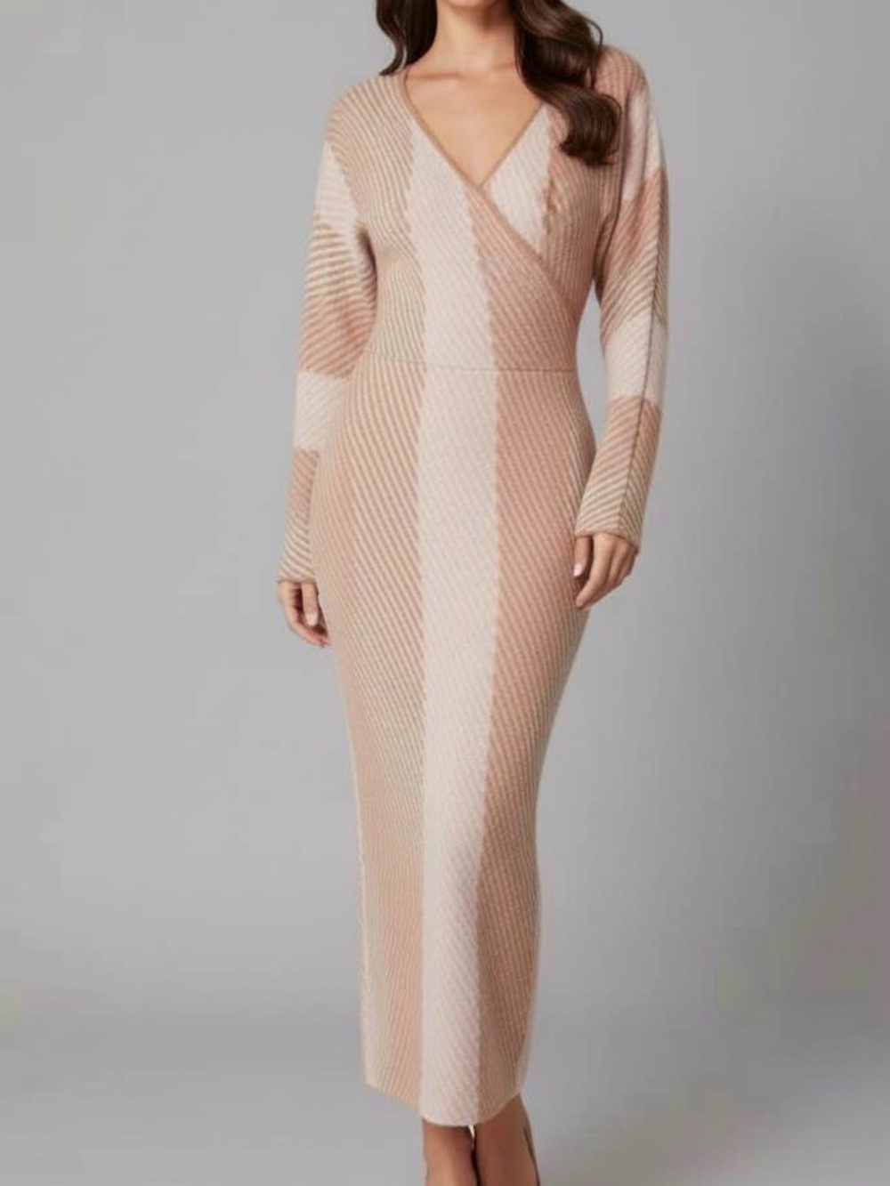 Striped Wrap-Style Knit Dress in Blush and Cream